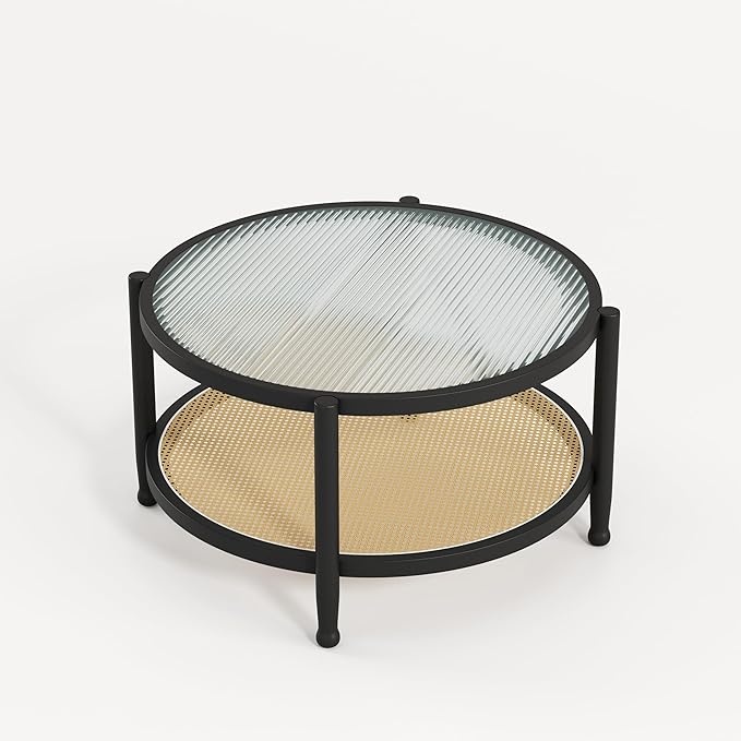 Rattan Round Coffee Table for Living Room, 32" Boho Circle Table with Tempered Glass Desktop Rustic Solid Wood Farmhouse Accent Center Storage Table (Black, 31.5" D x 31.5" W x 17" H)