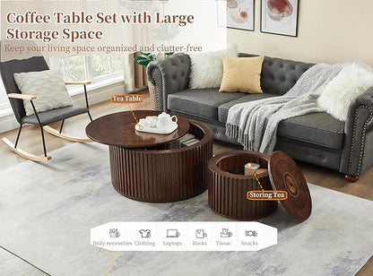Round Coffee Table Set of 2, Nesting Coffee Tables with Removable Lid, Mid Century Modern Wooden End Table with Large Storage Space for Living Room