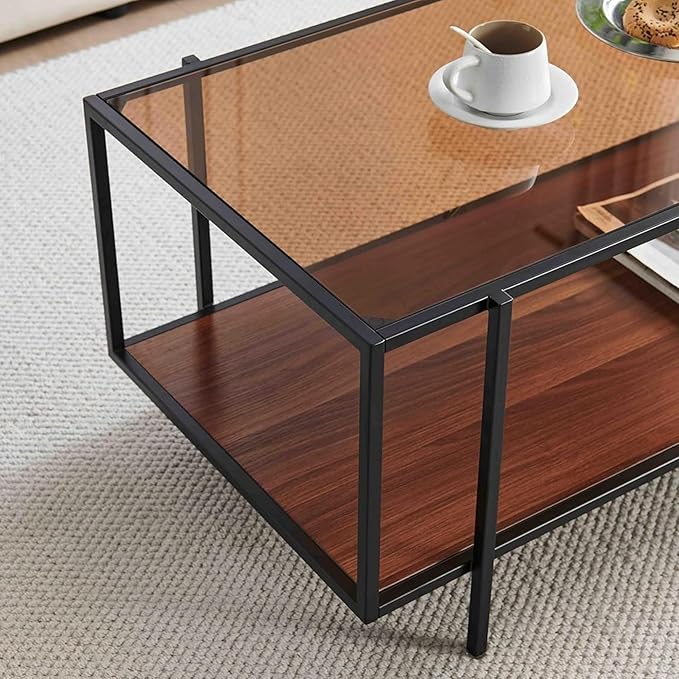 Shrine Glass Coffee Table, Modern Design, Dual-Layer Coffee Table for Living Room, Black-Plated Metal Frame, Brown Glass Top, Walnut Wood Panels
