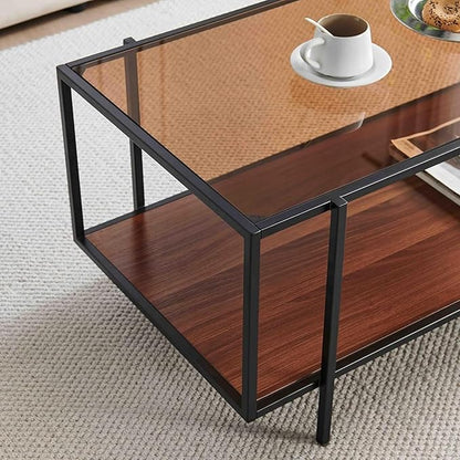 Shrine Glass Coffee Table, Modern Design, Dual-Layer Coffee Table for Living Room, Black-Plated Metal Frame, Brown Glass Top, Walnut Wood Panels