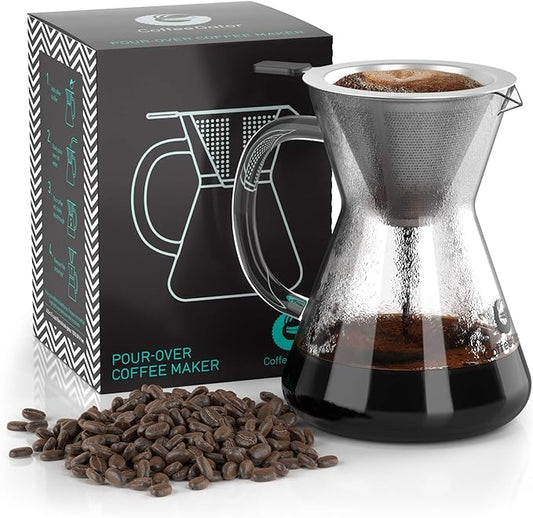 Coffee Gator Pour Over Coffee Maker - 14oz High Heat Borosilicate Glass with Reusable Stainless Steel Filter, Drip Coffee Brewer Pourover Dripper Set Carafe, 400ml Clear