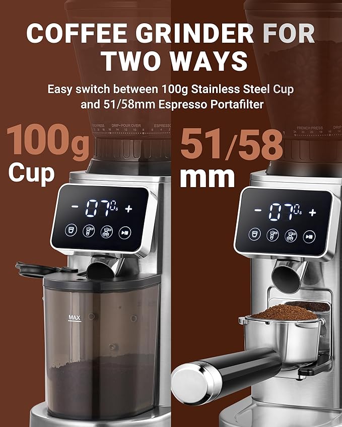 AMZCHEF Coffee Grinder, Coffee Bean Grinder for Home Use with Precise Grinding, LED Control Panel, Detachable Funnel Stand, Anti-static Design, 45 Grind Settings, Silver