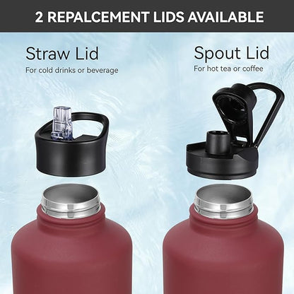 HASLE OUTFITTERS Half Gallon Insulated Water Bottles 64 oz, Stainless Steel Metal Water Jug with 2 Lids Keep Cold 48h/Hot 24h, Leak Proof & BPA-Free Water Flask Jug(Brick Red,1)