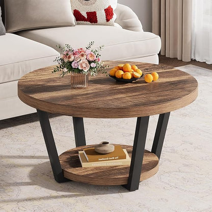 Round Coffee Table with Storage Shelf, 2-Tier Wooden Accent Center Table, Modern Industrial Living Room Furniture, Rustic Brown