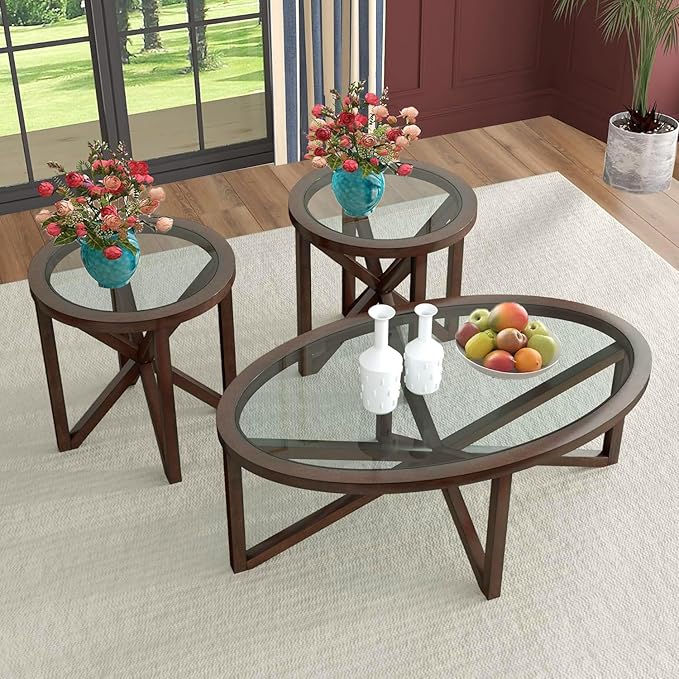 Wooden Glass Coffee Table End Table Sets of 3 Modern Oval Living Room Table Set Tempered Glass Top Side Table, Cherry Brown
