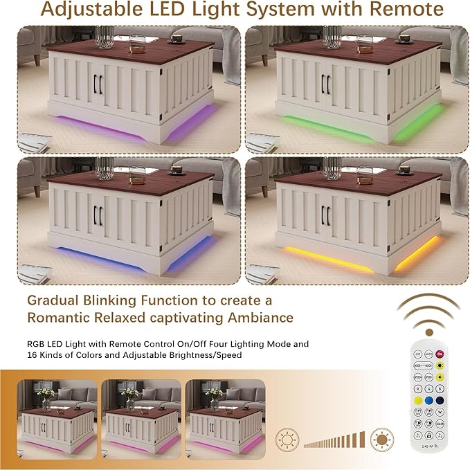 31.5" Lift Top Coffee Table with Storage, Led Square White Coffee Table with Large Hidden Storage, Wood Living Room Table Center Table for Living Room Dining Reception Room