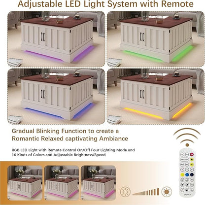 31.5" Lift Top Coffee Table with Storage, Led Square White Coffee Table with Large Hidden Storage, Wood Living Room Table Center Table for Living Room Dining Reception Room