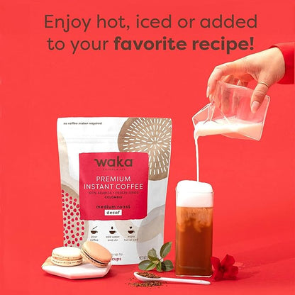 Waka Premium Decaf Instant Coffee Pouch — 100% Colombian Arabica Freeze Dried Beans — For Hot or Iced Coffee (8 Ounces, Decaf Medium Roast)