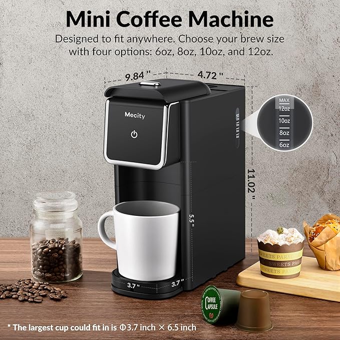 Mecity Mini Coffee Maker, Single Serve, One Cup Coffee Machine for K Cup Ground Coffee, Tea, 6 to 12 Oz Brewer For Home Use, RV, Apartment, Auto Shut Off 120V 1000W