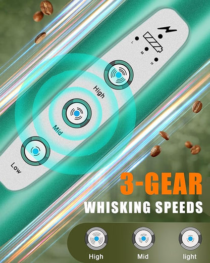 YUSWKO Rechargeable Milk Frother for Coffee, Handheld Drink Mixer with 3 Heads 3 Speeds, Ideal Coffee Frother Wand for Travel - Green