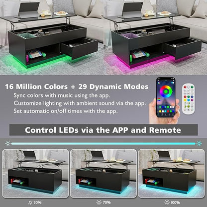 HOMMPA 40" Lift Top Coffee Table with Storage LED Coffee Table Morden High Gloss Living Room 3 Tiers Modern Tea Table with Storage Center Tables Hidden Compartment & Open Shelve & Drawer Black