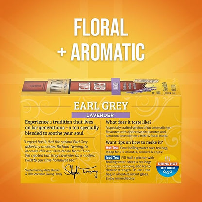 Twinings Earl Grey Lavender Black Tea Individually Wrapped Bags, 20 Count (Pack of 6), Citrus, Bergamot & Floral, Caffeinated, Enjoy Hot or Iced, 120 Teabags