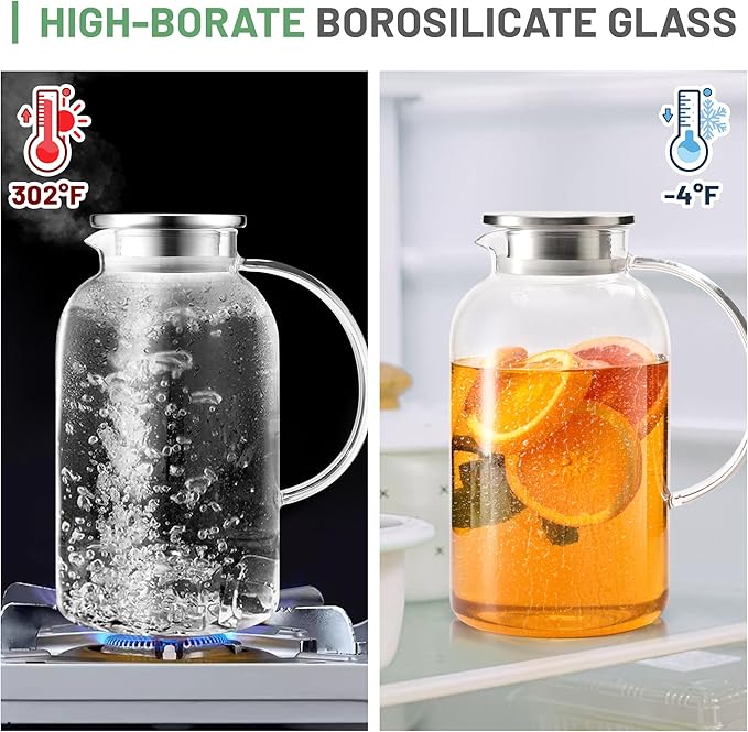 SUSTEAS 2.2 Liter 75oz Glass Pitcher with Lid, Easy Clean Heat Resistant Glass Water Carafe with Handle for Hot/Cold Beverages - Water, Cold Brew, Iced Tea & Juice, 1 Long-Handled Brush Included