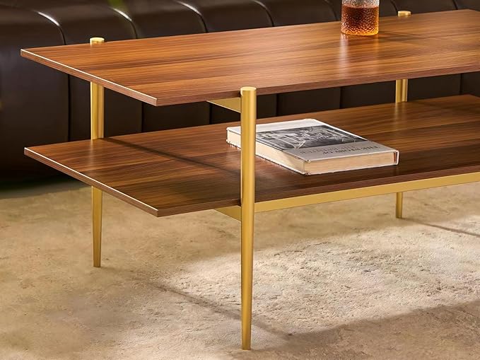 Shrine Rectangle Coffee Table, Mid-Century Modern Design, Two-Tier Walnut MDF Table, 41" D x 21" W x 17" H, Sleek Conical Metal Legs with Gold Finish