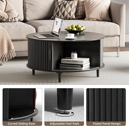 Round Coffee Table with Storage, Mid Century Modern Center Table with Sliding Cabinet Door, Fluted Dining Table for Living Room, Home Small Space, 31.5", Black