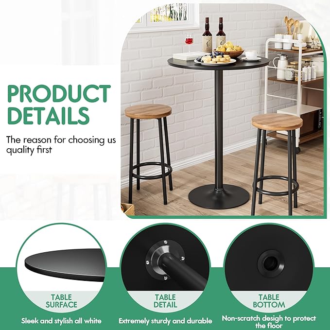Shahoo Round Bar Table, Cocktail Tables with Metal Base & MDF Top, for Bistro Pub, Cafe, Set of 2, Black