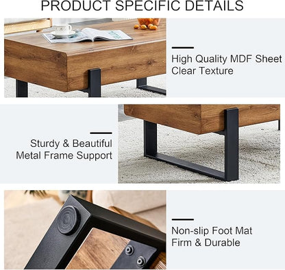 47.24'' Rustic Rectangle Coffee Table MDF Desktop with Metal Legs for Living Room Dining Room Bedroom Office