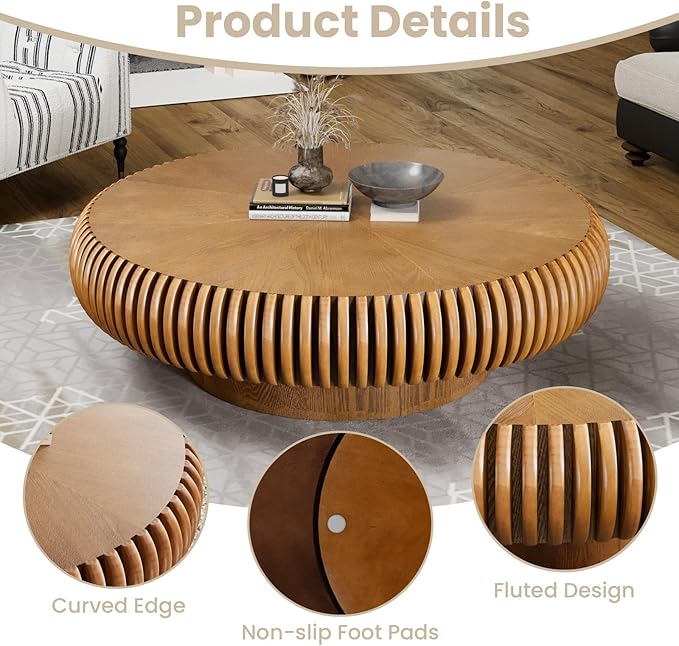 Round Fluted Coffee Table Modern Handcraft Drum Coffee Table with Sturdy Pedestal 39.37" Farmhouse Center Table Tea Table for Living Room, Reception Room, Entertainment Room (Brown 39.37")