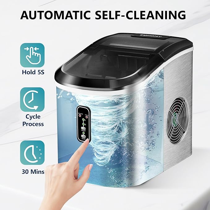 EUHOMY Smart Ice Makers Countertop -26lbs in 24 Hours, 9 Cubes Ready in 8Mins, Self-Cleaning Countertop Ice Maker, Portable Ice Maker with Ice Scoop and Basket, Perfect for Home/Kitchen/Office(Sliver