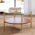 Load image into Gallery viewer, Round Glass and Wood Coffee Tables for Living Room, Mid Century Center Table with Clear Glass Top, Solid Brown Storage Shelf and Sturable Gold Legs for Small Space, Office, Department