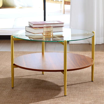 Round Glass and Wood Coffee Tables for Living Room, Mid Century Center Table with Clear Glass Top, Solid Brown Storage Shelf and Sturable Gold Legs for Small Space, Office, Department