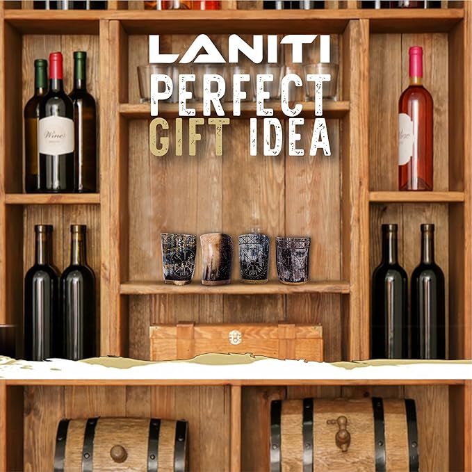 Ox Horn Shot Glass Set of 4 – Handcrafted Viking Cups with Unique Engraved Design – Cool Norse Horn Shot Glasses for Ancient Age Whiskey, Mead & Spirits – Rustic Gift for Men, Barware Collection