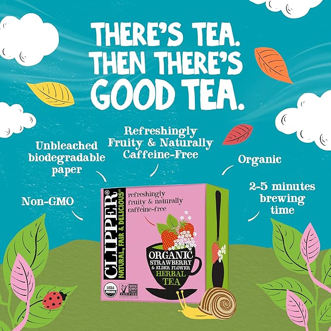 Clipper Tea Strawberry & Elderflower Herbal Tea – Caffeine Free, USDA Organic, Great Hot or Iced – Refreshingly Fruity, Natural, Fair & Delicious – 200 Tea Bags