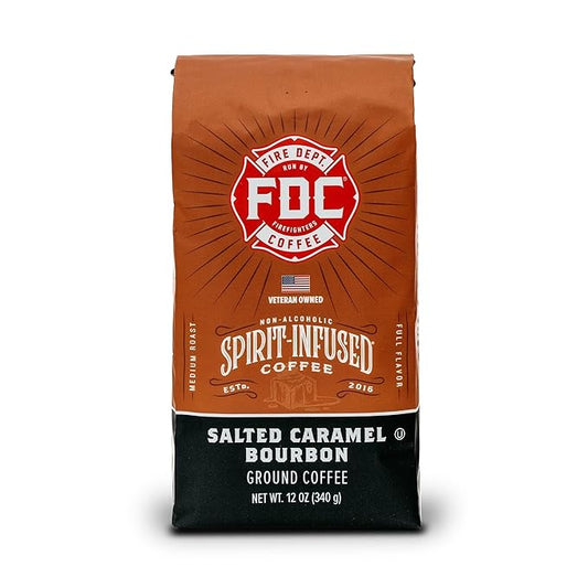 Fire Department Coffee - Salted Caramel Bourbon Coffee - Gives Back to Firefighters - Premium Bourbon Infused - Ground Medium Roast - Non-Alcoholic - Roasted in the USA - Veteran Owned - 12 oz