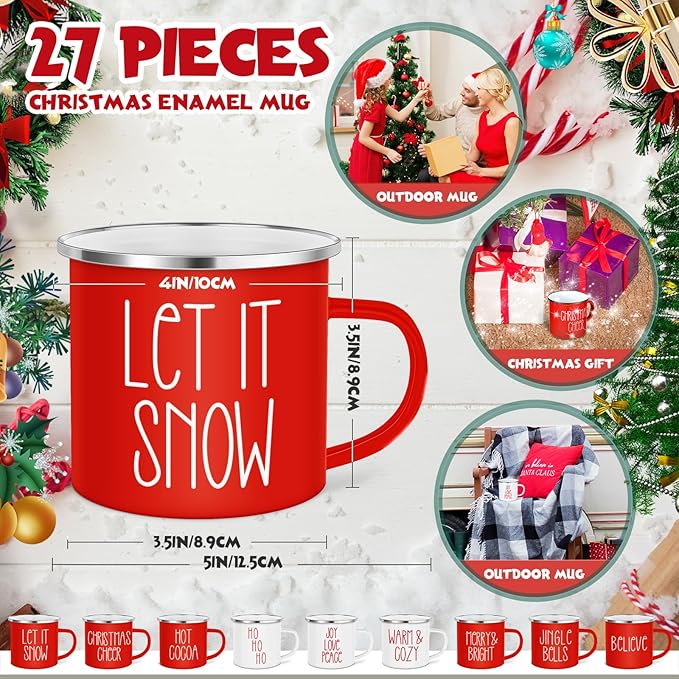 Sieral 27 Pcs Christmas Enamel Coffee Mugs 12 oz Winter Holiday Mugs with Quotes Seasonal White and Red Christmas Party Favor Cups Funny Novelty Xmas Coffee Cups for Women Men Coworkers Office