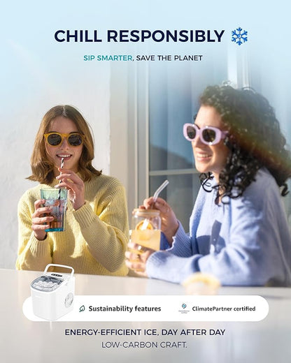 EUHOMY Countertop Ice Maker Machine with Handle, 26lbs Per Day, 9 Ice Cubes Ready in 6 Mins, Auto-Cleaning Portable Ice Maker with Basket and Scoop, for Home/Kitchen/Camping/RV (White)