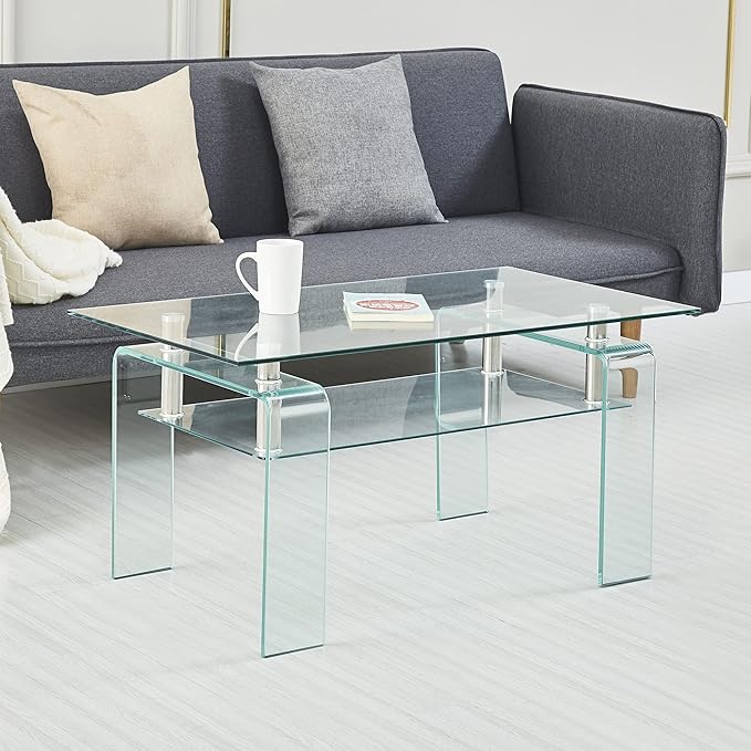 Glass Coffee Table for Living Room, Modern Rectangle All Tempered Glass Table 8mm Clear Transparent Top Home Furniture for Small Space Bearing 220LB