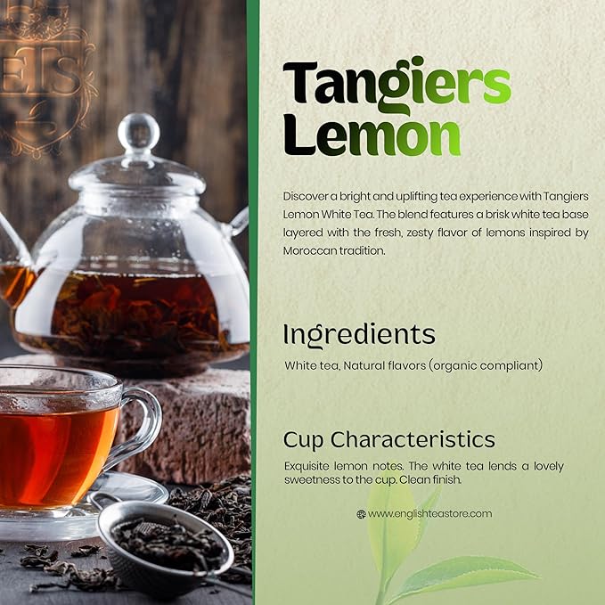 English Tea Store Tangiers Lemon Flavored White Tea Loose Leaf - 2oz | Light and Brisk White Tea with Fresh Lemon Flavor | Elegant Citrus Tea Inspired by North Morocco