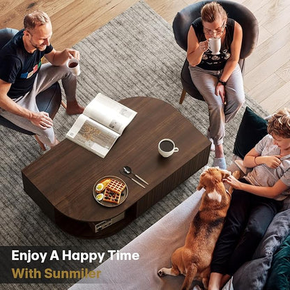 Mid-Century Modern 39.4" Coffee Table - Leaf-Shaped Wood Center Table with Storage, Retro Fluted Central Table with Sliding Door & Large Hidden Compartment, for Living Room, Office, Walnut