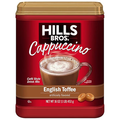 Hills Bros. Instant Cappuccino Mix, English Toffee (16 Oz, Pack of 1) – Convenient and Versatile, Instant Hot or Iced Coffee, Frothy & Rich English Toffee Flavor - Just Add Water