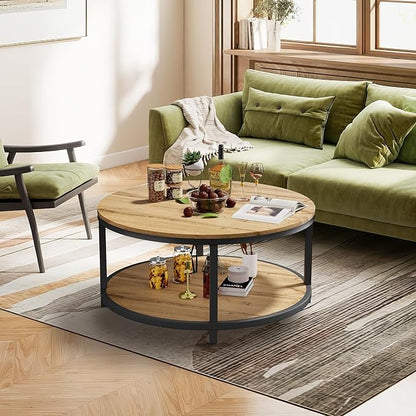 NSdirect Round Coffee Table, 36in Rustic Wooden Surface Top & Sturdy Metal Legs Industrial Sofa Table for Living Room Modern Design Home Furniture with Storage Open Shelf (Natural Walnut)