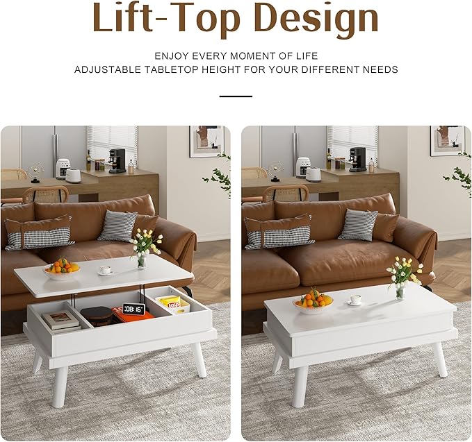 Shintenchi Coffee Table, Lift Top Coffee Table with Hidden Compartment, Rising Tabletop Dining Table, Lift Top Coffee Center Table for for Living Room, Office, Home (White)
