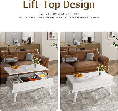 Shintenchi Coffee Table, Lift Top Coffee Table with Hidden Compartment, Rising Tabletop Dining Table, Lift Top Coffee Center Table for for Living Room, Office, Home (White)