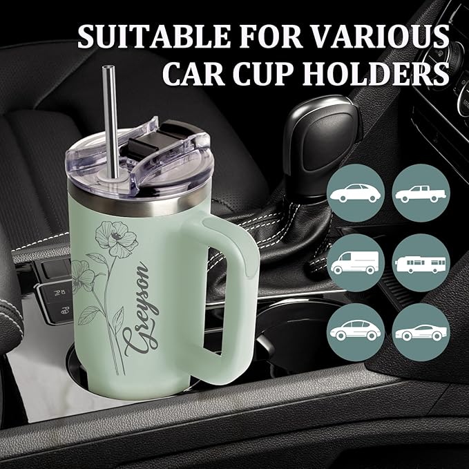 Personalized 40 Oz Tumbler with Handle Made in USA Custom Tumbler with Name & Birth Flower Month, Stainless Steel Travel Coffee Mug Cup, Birthday Gifts Personalized Gifts for Women Men