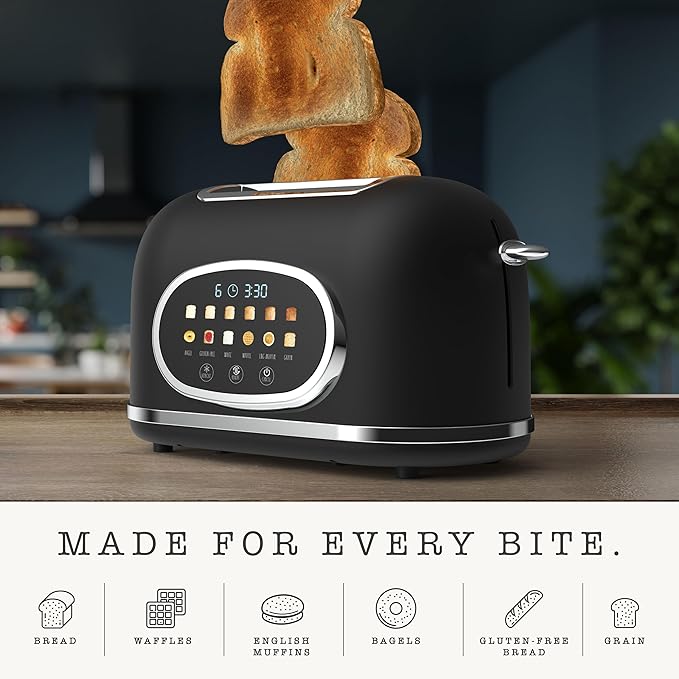 Rae Dunn Retro Digital Electric Toaster, 2 Slice Stainless Steel Toaster With Touchscreen, Countdown Timer, 6 Shade Settings, Wide Slots, High Lift Lever, Bagel, Defrost & Reheat, Black New