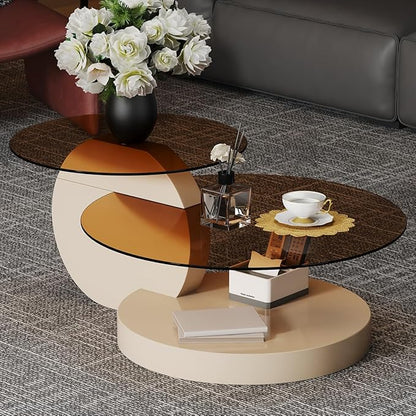 42 Inch Glass Coffee Table，Round Coffee Table with 2-Tier Tempered Glass Tabletop，Easy to Clean Circle Coffee Table with Sturdy Base for Living Room，Office （ Cream White Colored Base）