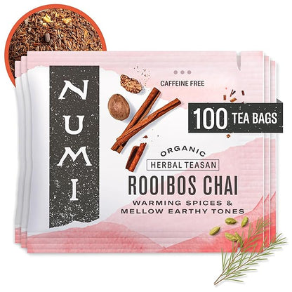 Numi Organic Rooibos Chai Tea, 100 Tea Bags, Herbal Red Tea with Cinnamon, Allspice, Ginger & Cardamom, Caffeine Free Chai