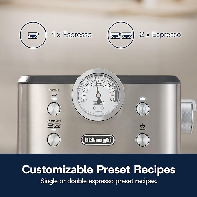 De’Longhi Classic Espresso Machine with Milk Frother, 15-Bar Pump & Temperature Control - Barista Coffee Maker Kit for Espresso, Latte, Cappuccino & Iced Coffee - Italian Stainless Steel Design