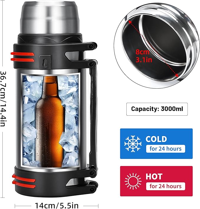 Large Thermosflask- 101oz Stainless Steel Insulated Bottle for Travel with BPA Free Cup - 3L Oversized Vacuum Insulated Thermoses with Handle and Strap for Hot & Cold Drinks