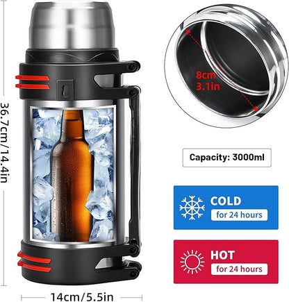Large Thermosflask- 101oz Stainless Steel Insulated Bottle for Travel with BPA Free Cup - 3L Oversized Vacuum Insulated Thermoses with Handle and Strap for Hot & Cold Drinks