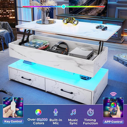 SEDETA 40" Lift Top Coffee Table, Coffee Tables with Storage for Living Room, Small Coffee Table with 2 Drawers & LED Light for Dining Reception Room, White Marble