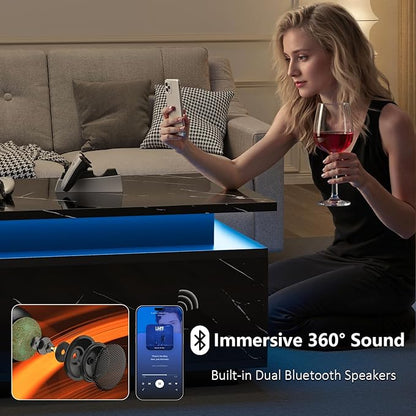 LED Coffee Table with Storage, Black Coffee Table with Wireless Charging and Speaker, High Glossy Modern Center Table with 24 Color LED Lights for Living Room Bedroom, Black