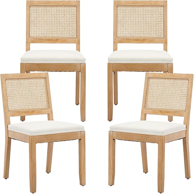 Vintage French Country Dining Chairs Set of 4, Rattan Dining Chairs with a Low Square Back, Beige 4 Dining Chair Set, Sillas para Comedor, Kitchen & Dining Room Chair (Beige, Rattan, 4Pcs)