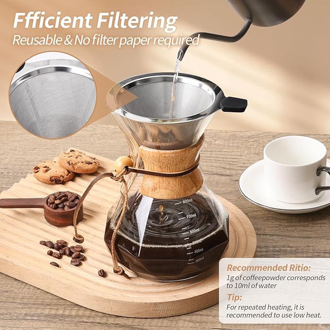 Pour Over Coffee Maker 27 OZ, 8 Cup Borosilicate Glass Drip Coffee Maker with Reusable Stainless Steel Filter and Cork Grip for Home Café 800 ML (Diamond Shape)