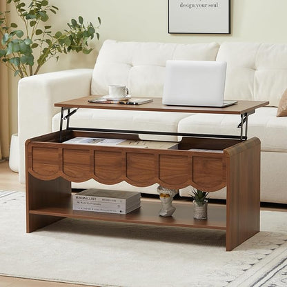 Lift Top Coffee Table with Hidden Compartment, 2 Tier Wooden Center Table with Wave Panel, Modern Lift Tabletop for Home Living Room Office, Walnut