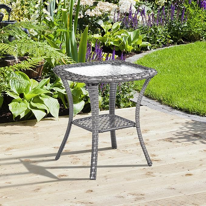 Patio Wicker Side Table, Outdoor PE Rattan End Table with 5mm Tempered Glass Top and 2-Tier Storage Shelf, 20" Square Coffee Table for Deck Porch Garden Backyard-Grey